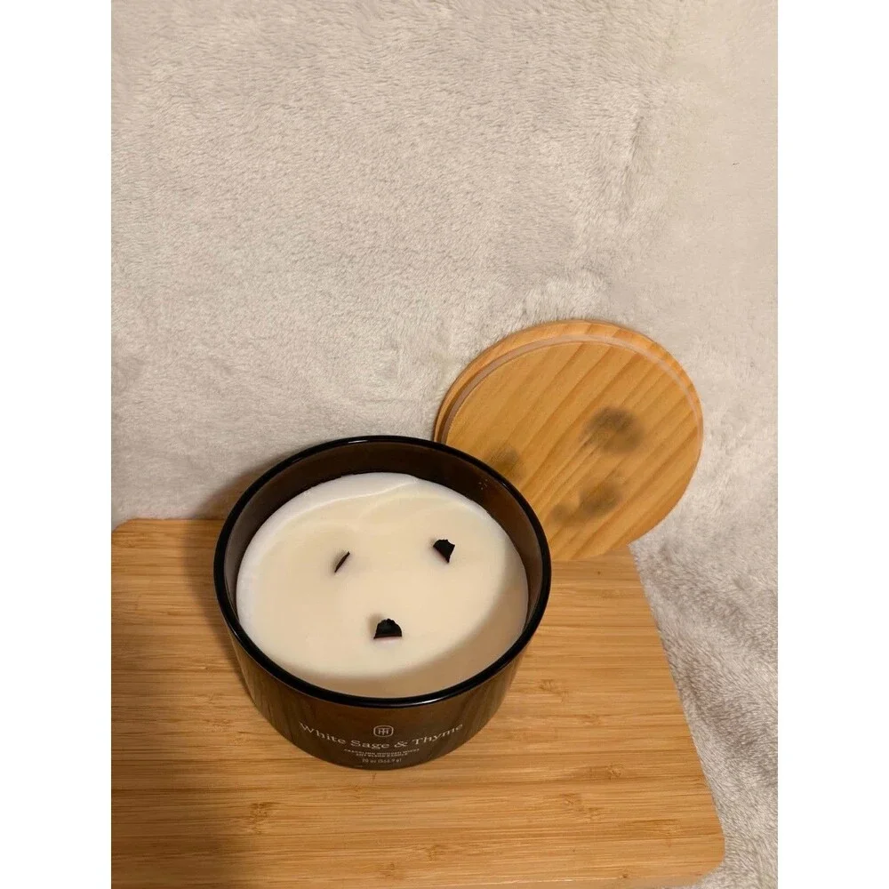 Threshold 3-Wick White Sage Thyme Candle 20oz Amber Glass Wooden Wick Used